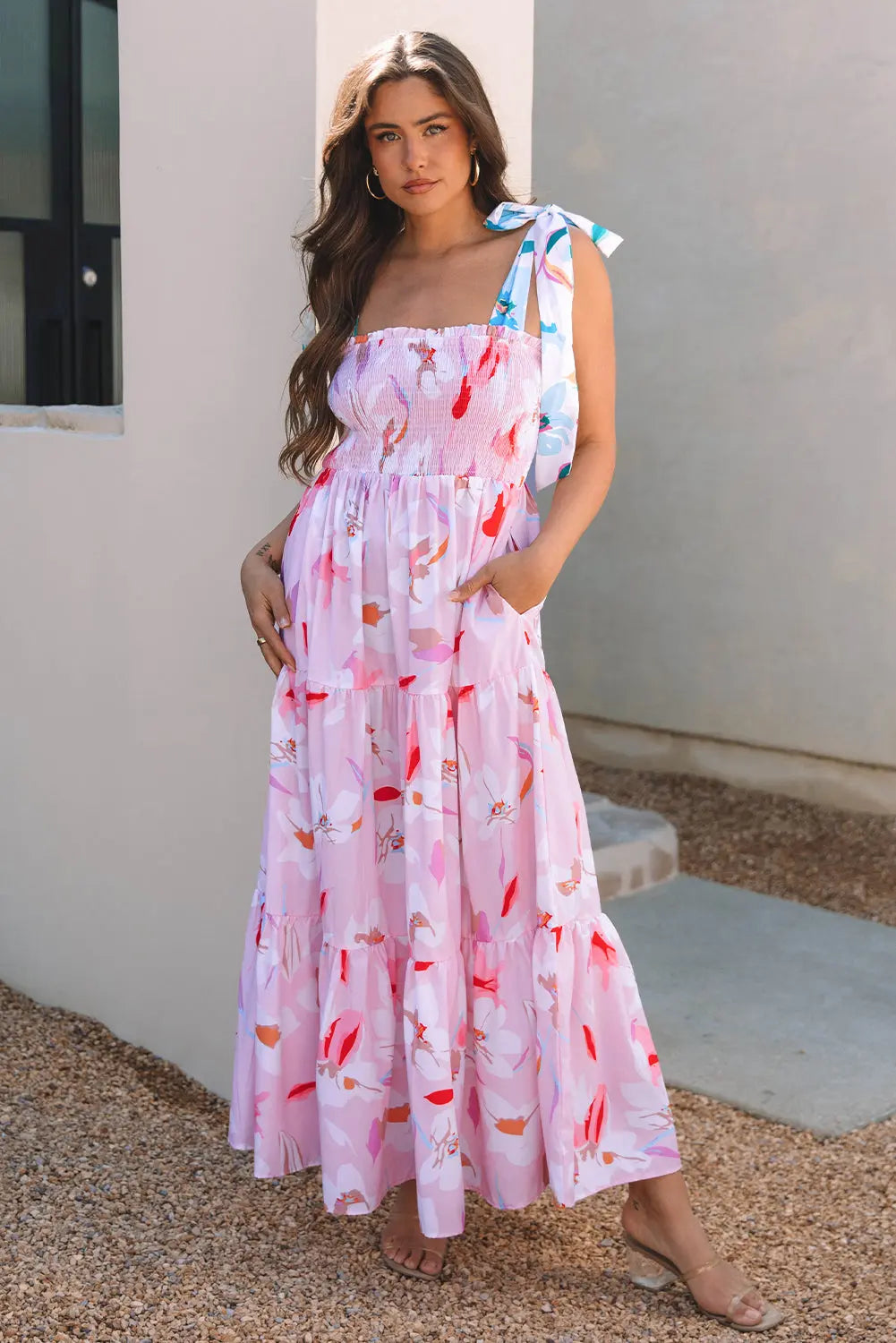 Flora Floral Knotted Shoulder Smocked Maxi Dress Threaded Pear