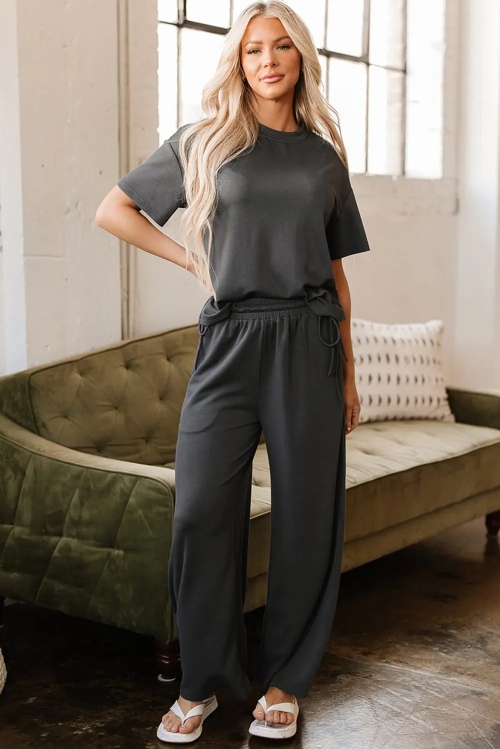 Dallas Drawstring Side Crewneck Tee and Loose Pants Set Threaded Pear