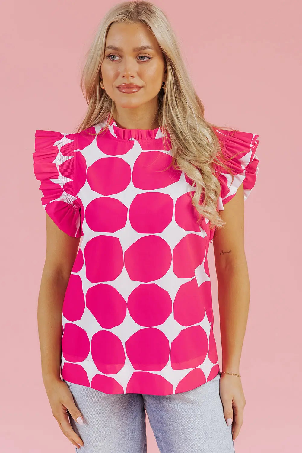 Loretta Bubblegum Pattern Frilled Top Threaded Pear