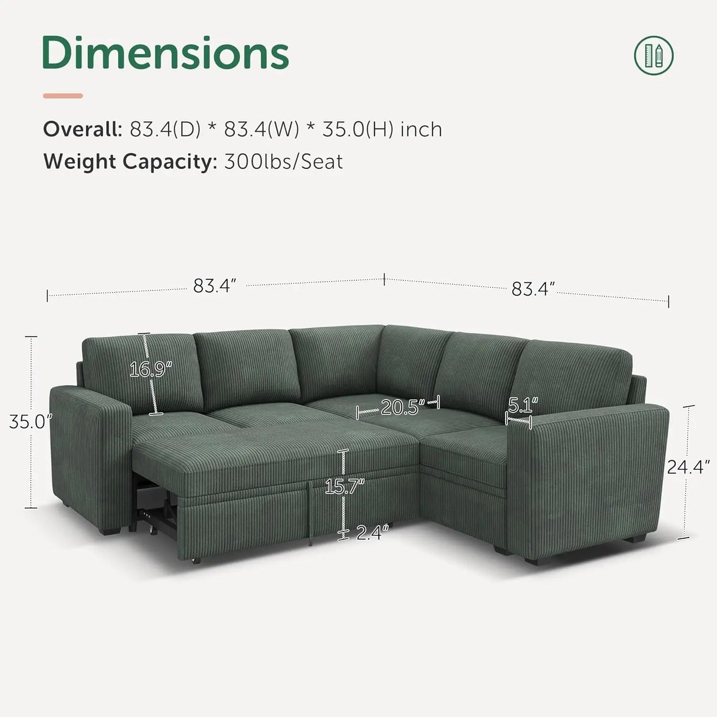 Green Corduroy Sectional Sleeper Sofa With Storage - Get it from Bo
