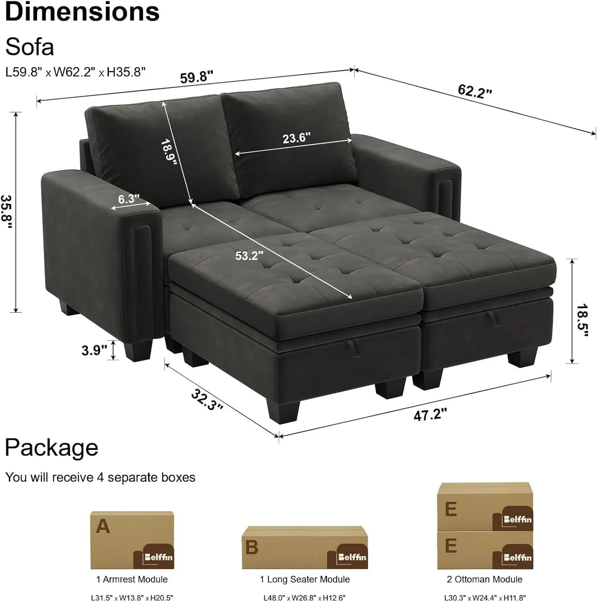 Grey Velvet Modular Sectional Sofa With Storage And Sleeper - Get it from Bo