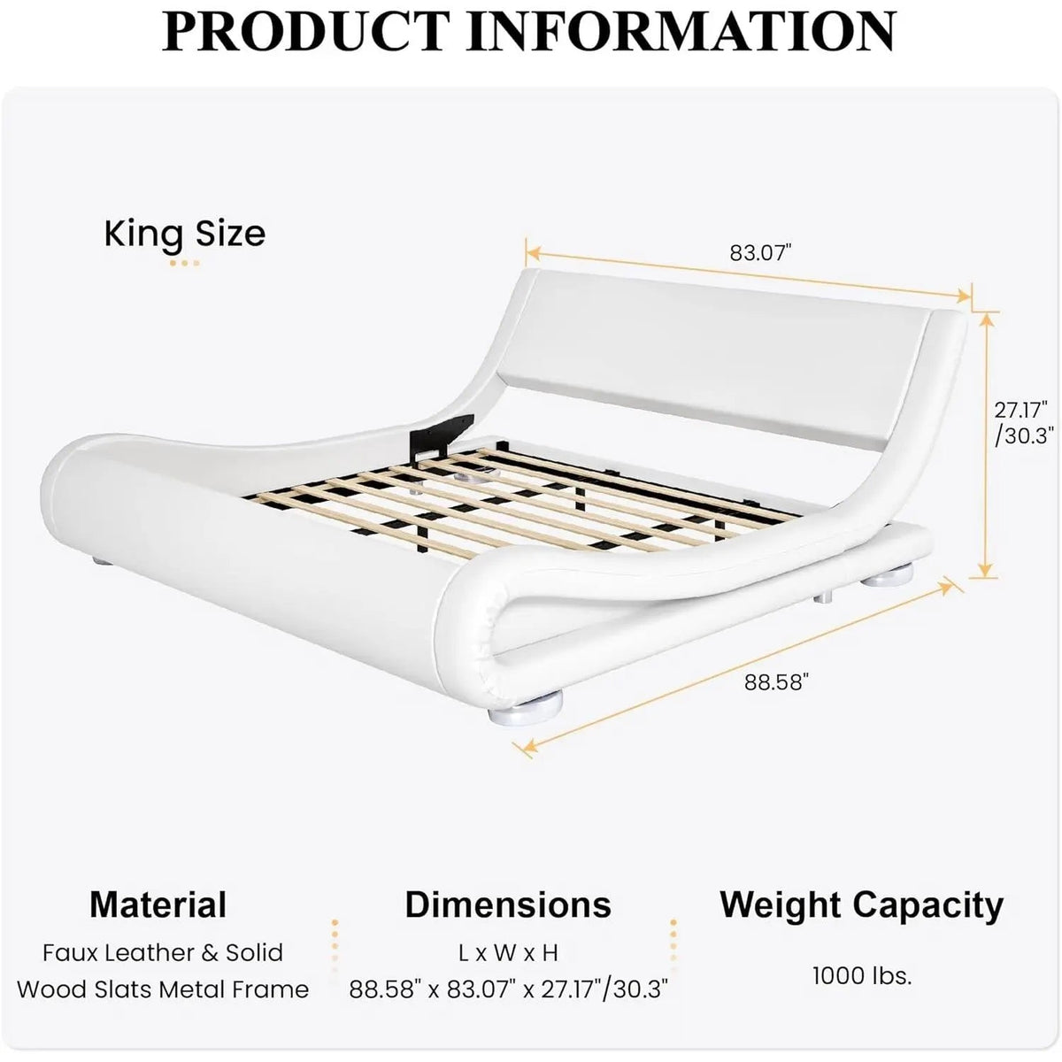 King Modern White Upholstered Platform Bed Frame with Sleigh Curved Headboard - Get it from Bo