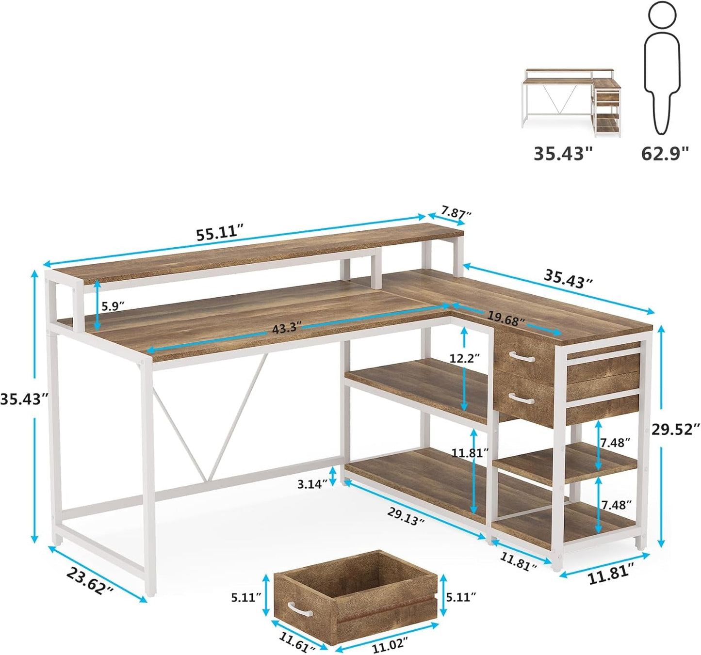 L Shaped Desk With Drawers And Monitor Stand Beige Wood ShipItFurniture