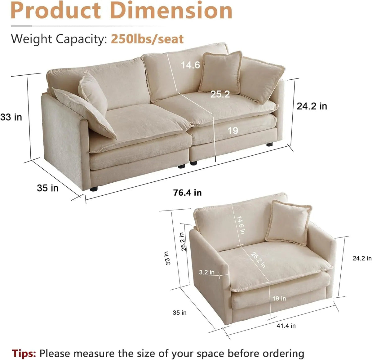 Light Coffee Chenille 2 Piece Loveseat Couch And Armchair - Get it from Bo