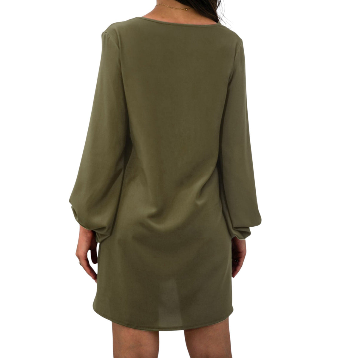 Long Sleeve Mini Shift Dress with V-Neckline and Lace Trim Detail - Get it from Bo