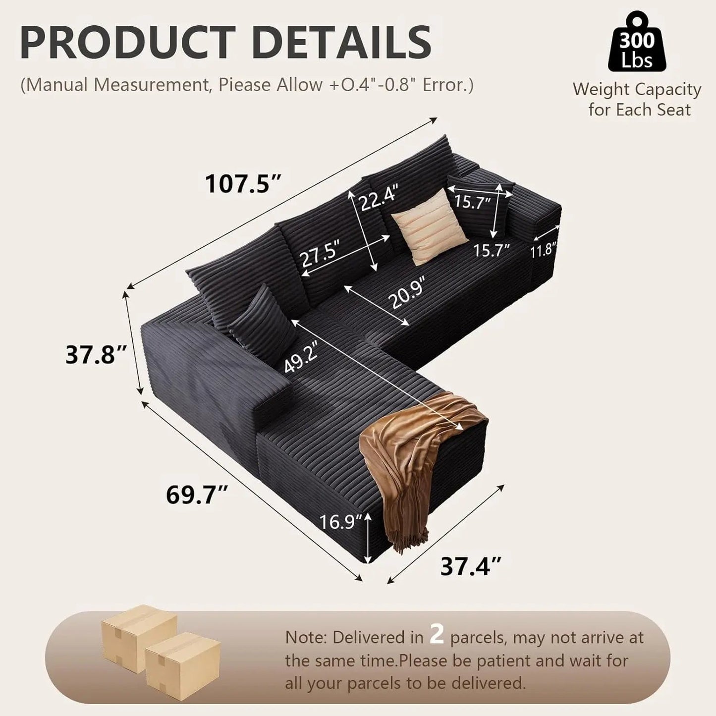 Modern 107 Inch Cloud Sectional Couch with Chaise - Get it from Bo