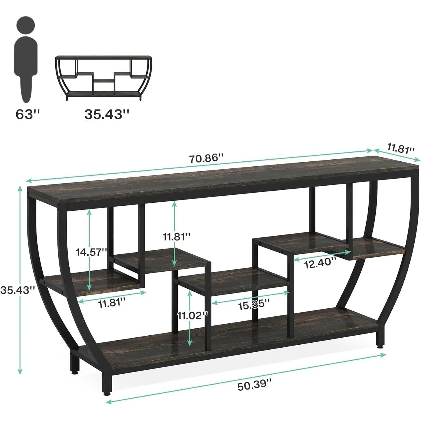 Modern Industrial 70-inch Long Narrow Console Sofa Table with Black Wood Shelves - Get it from Bo