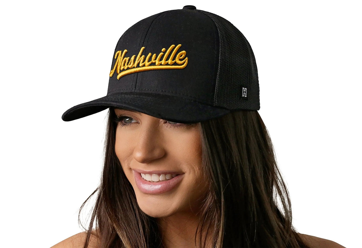 Nashville Gold Script Trucker Hat | Black Tennessee Snapback - Get it from Bo