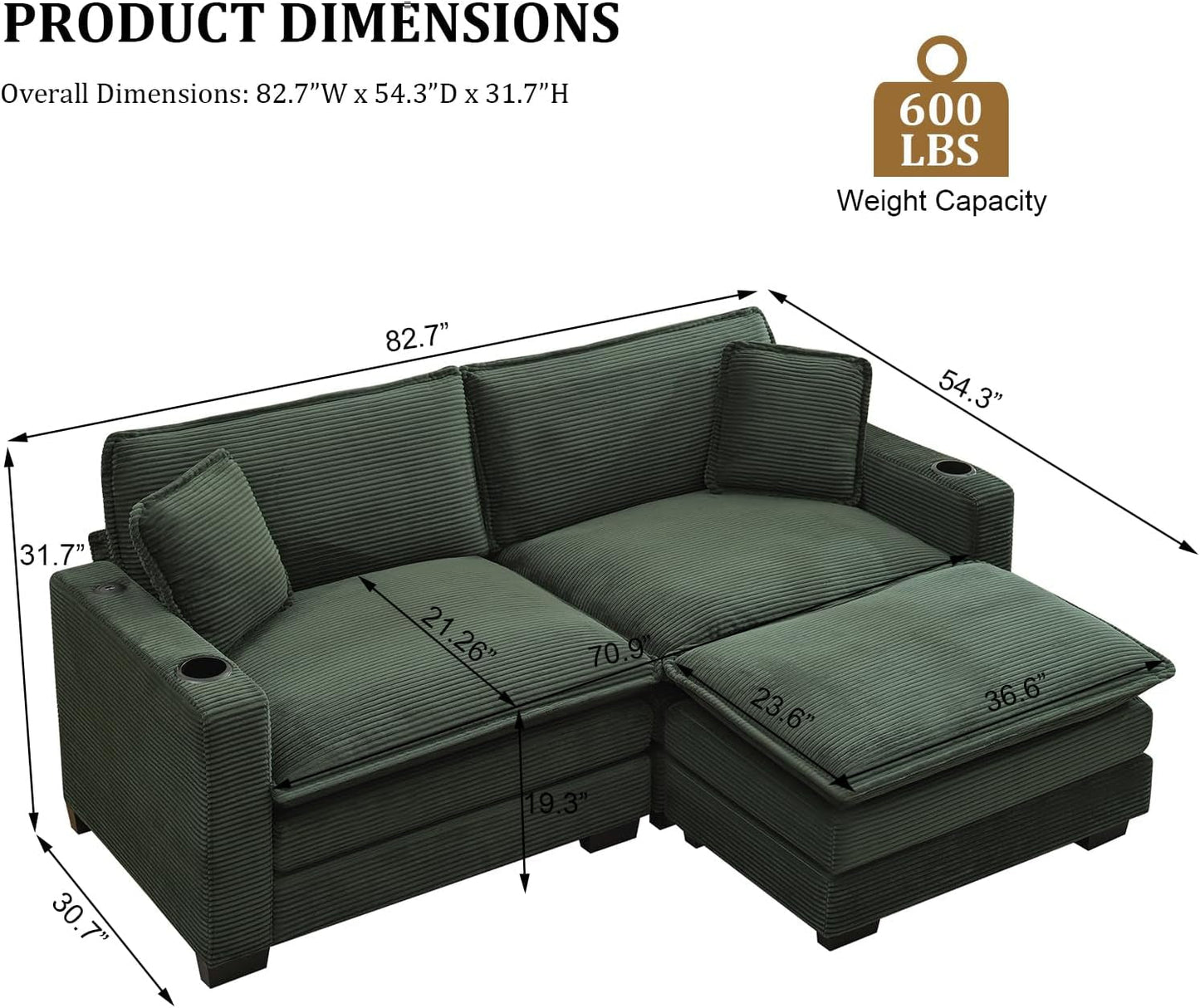 Oversized Corduroy Sectional Couch with USB and Cup Holders ShipItFurniture