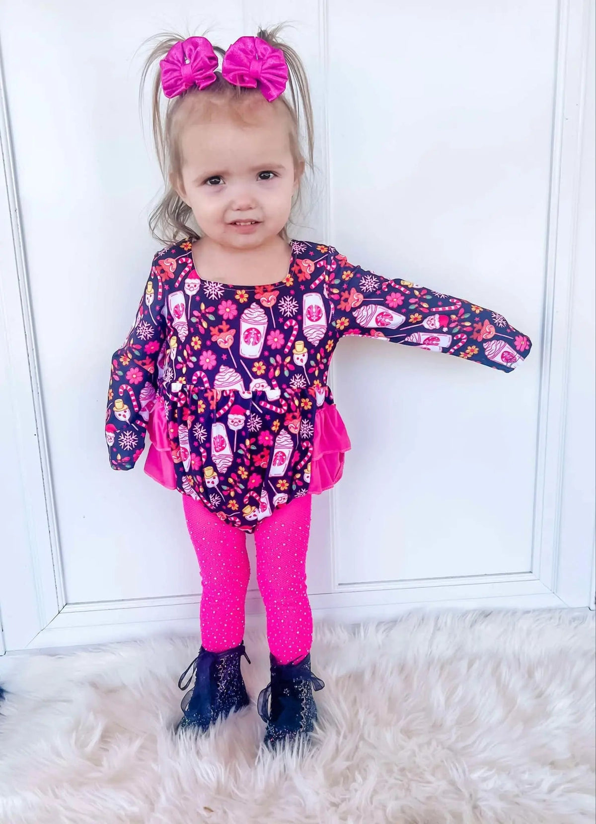 Pink Christmas coffee ruffle romper - Get it from Bo