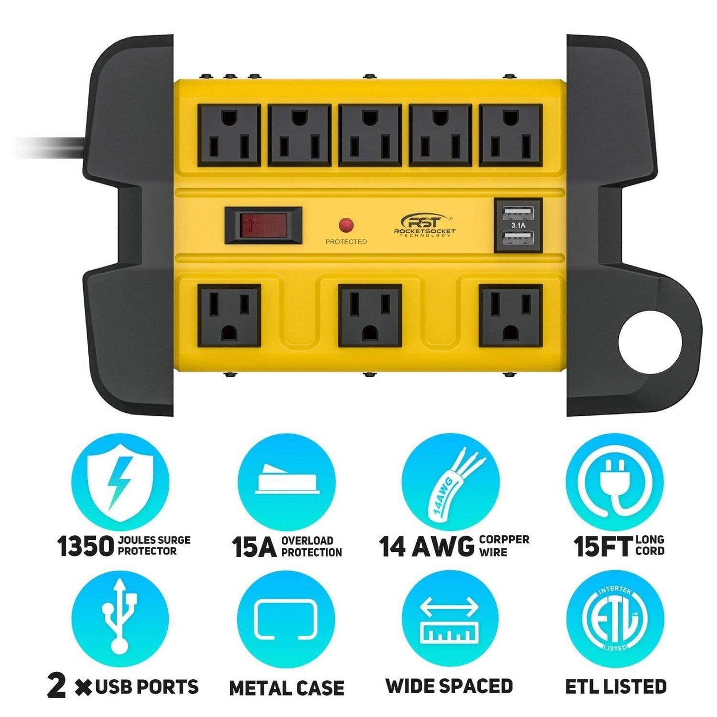 CRST 8 Outlets Dural USB Mountable Metal Power Strip Surge Protector with Cord Wrapping Design, Optional 15FT or 6FT Power Cord Rocket Socket Technology