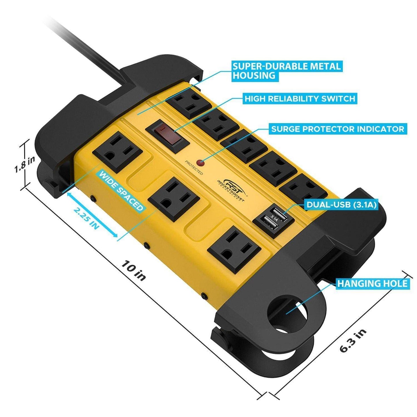 CRST 8 Outlets Dural USB Mountable Metal Power Strip Surge Protector with Cord Wrapping Design, Optional 15FT or 6FT Power Cord Rocket Socket Technology