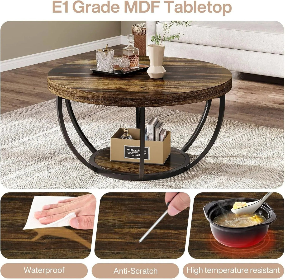 Round Coffee Table 31.7Inches Rustic Brown Storage - Get it from Bo