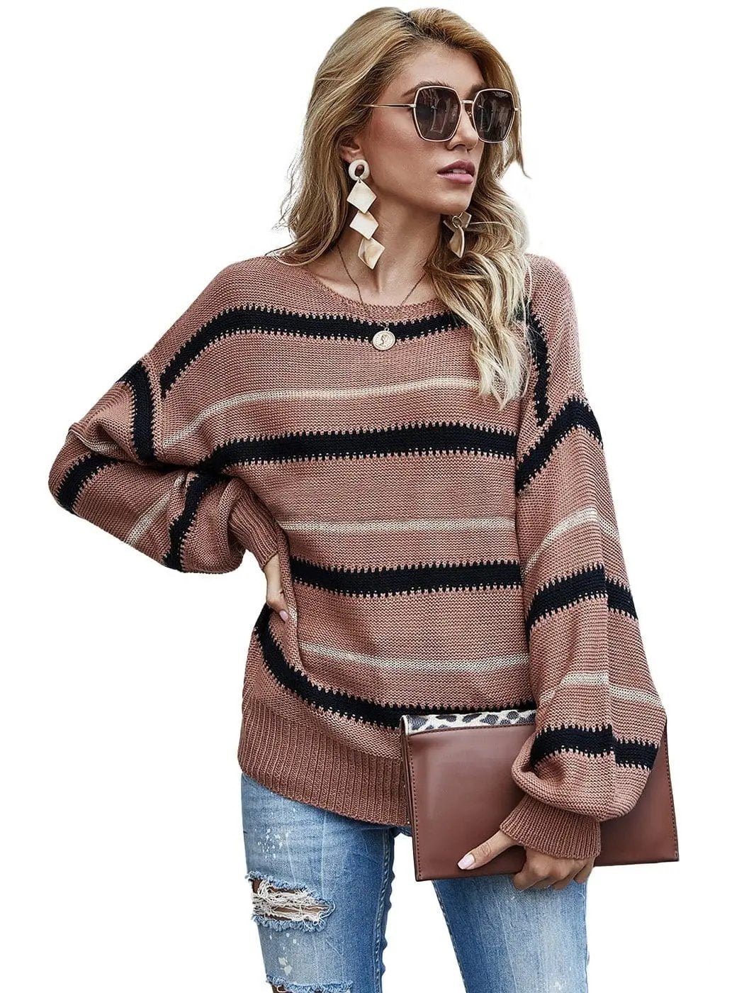 Sweaters Long Sleeve Crew Striped Oversized Knitted Pullover Tops - Get it from Bo