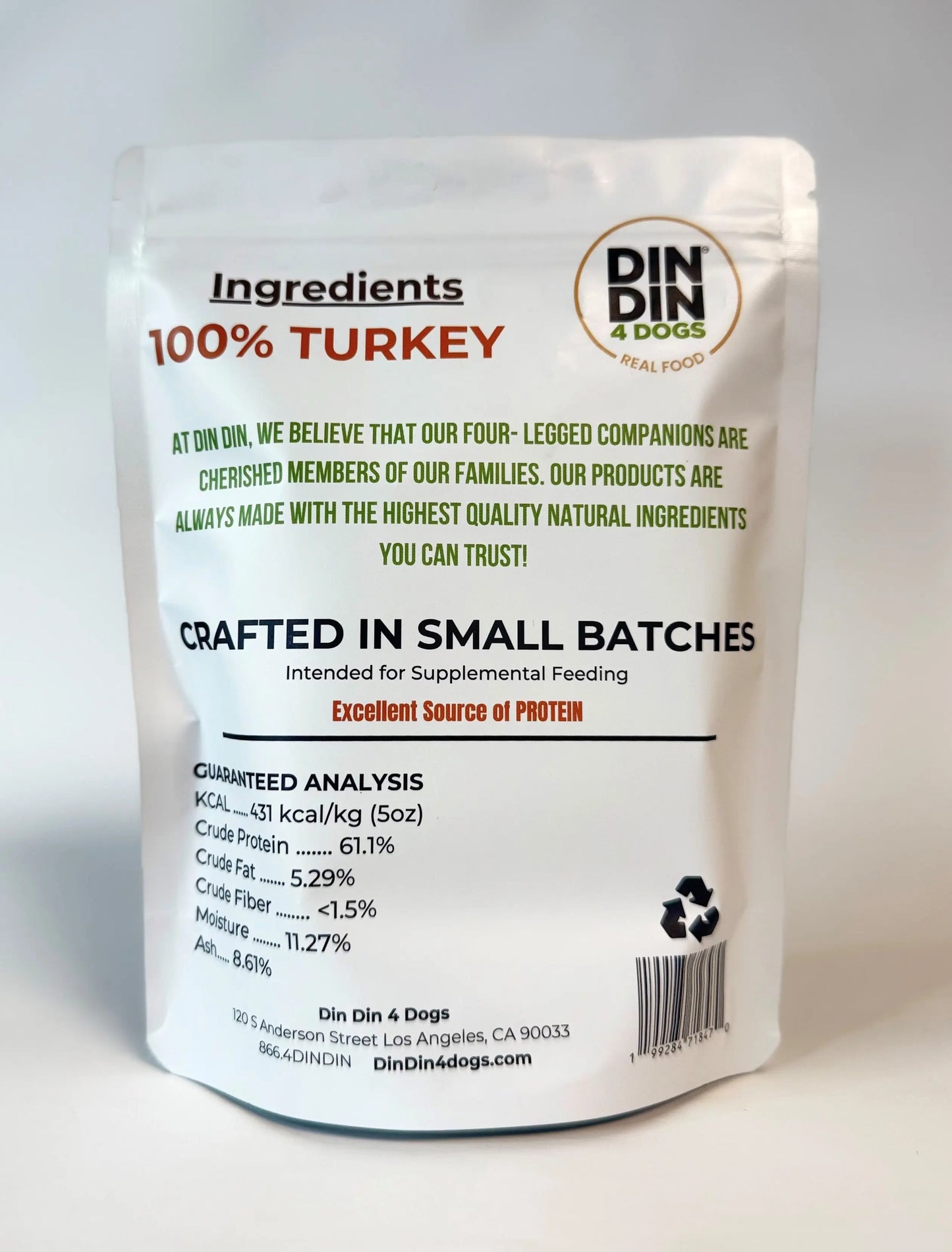 100% Turkey Dog Treats, 5 Ounce Bag, Single Ingredient, High Protein Din Din 4 Dogs