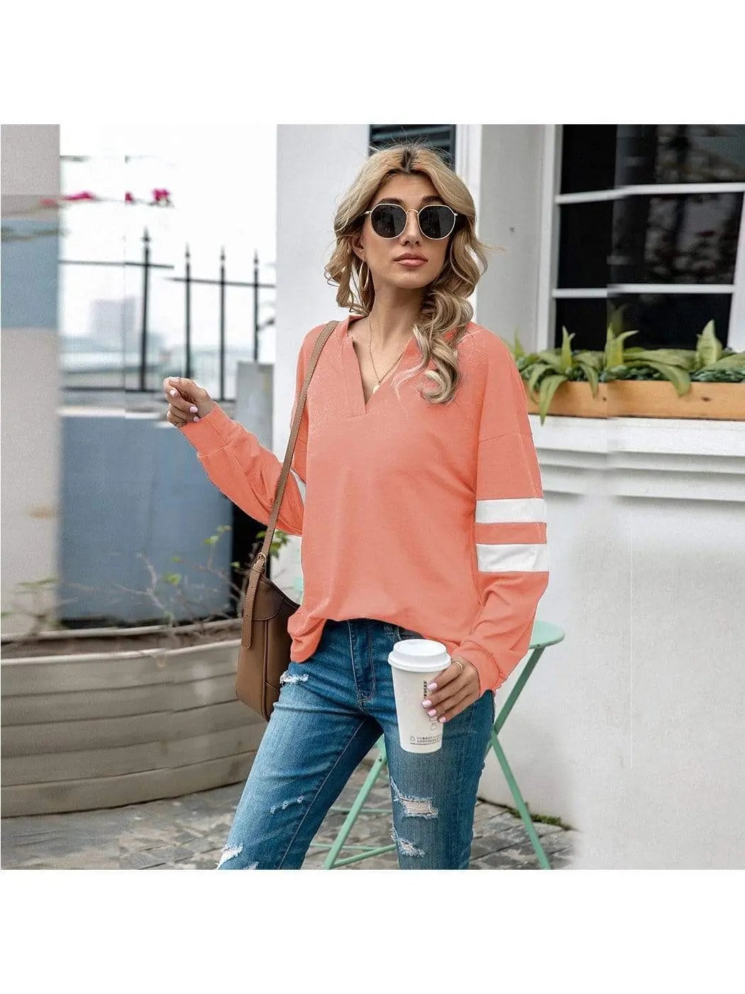 V Neck Striped Sleeve Sweater - Get it from Bo