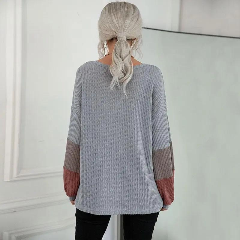 Waffle Knit Striped Sleeve Sweater - Get it from Bo