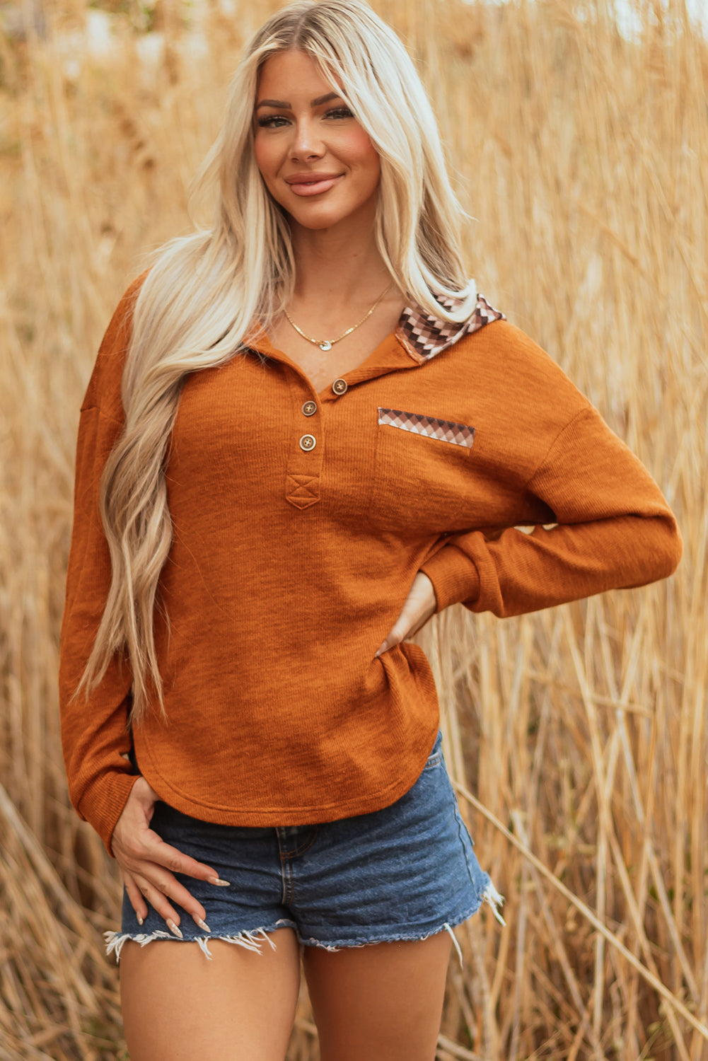 Payton Plaid Hood Patchwork Chest Pocket Henley Top