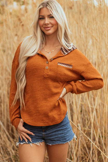 Payton Plaid Hood Patchwork Chest Pocket Henley Top