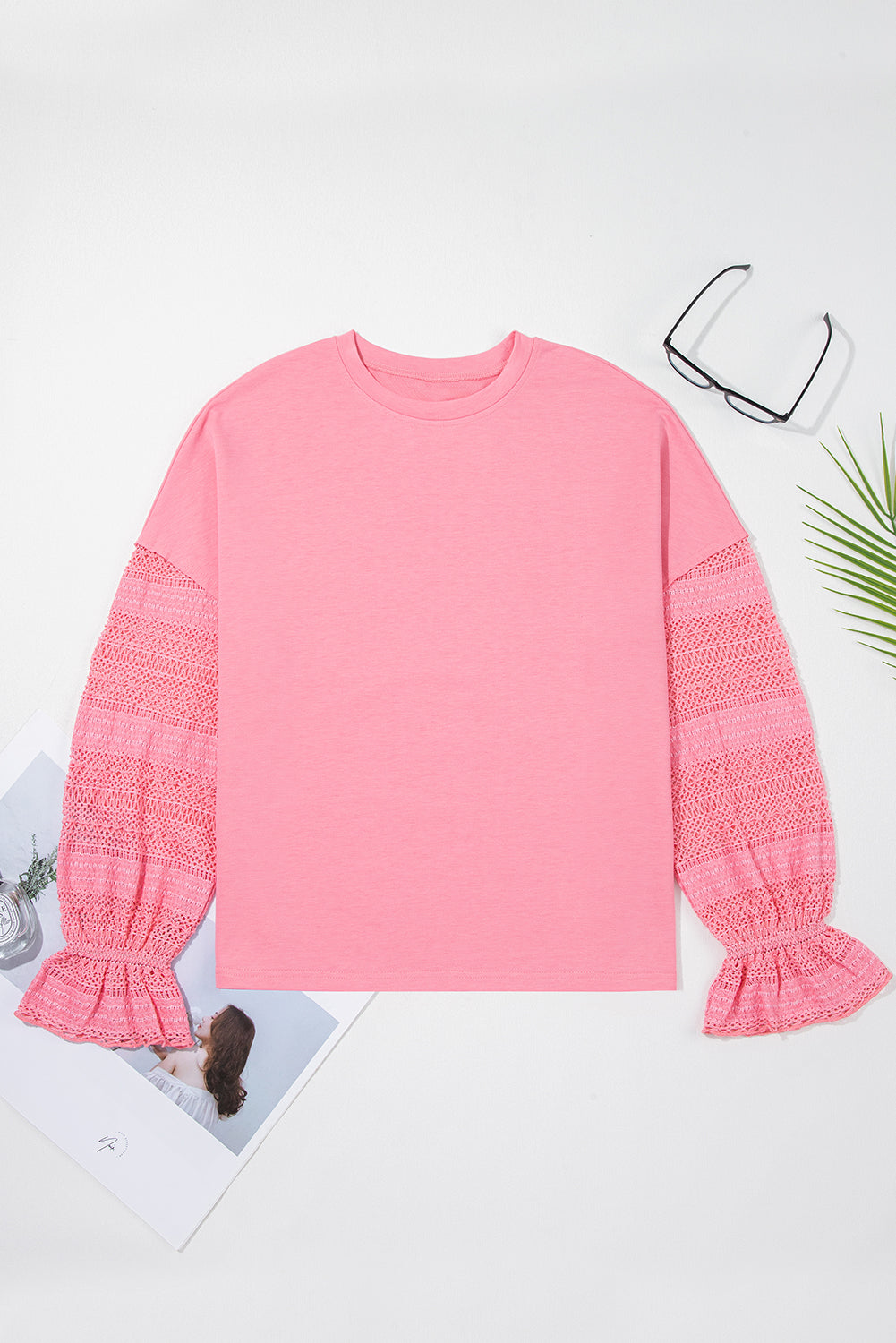 Brielle Lace Ruffled Sleeve Patchwork Loose Sweatshirt - Get it from Bo