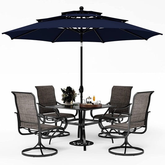 Patio Dining Set with Umbrella for 4, Outdoor Table & Chairs Set with 4 Padded Swivel Patio Dining Chairs, 1 Metal Dining Table and 10Ft Navy Blue Large Patio Umbrella (No Umbrella Base) ShipItFurniture