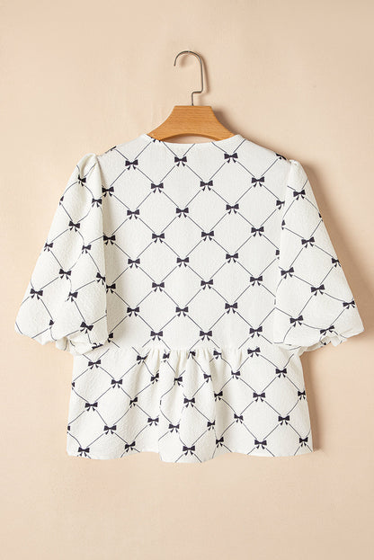 Ezra Bowknot Print Front Knots Bubble Sleeve Blouse