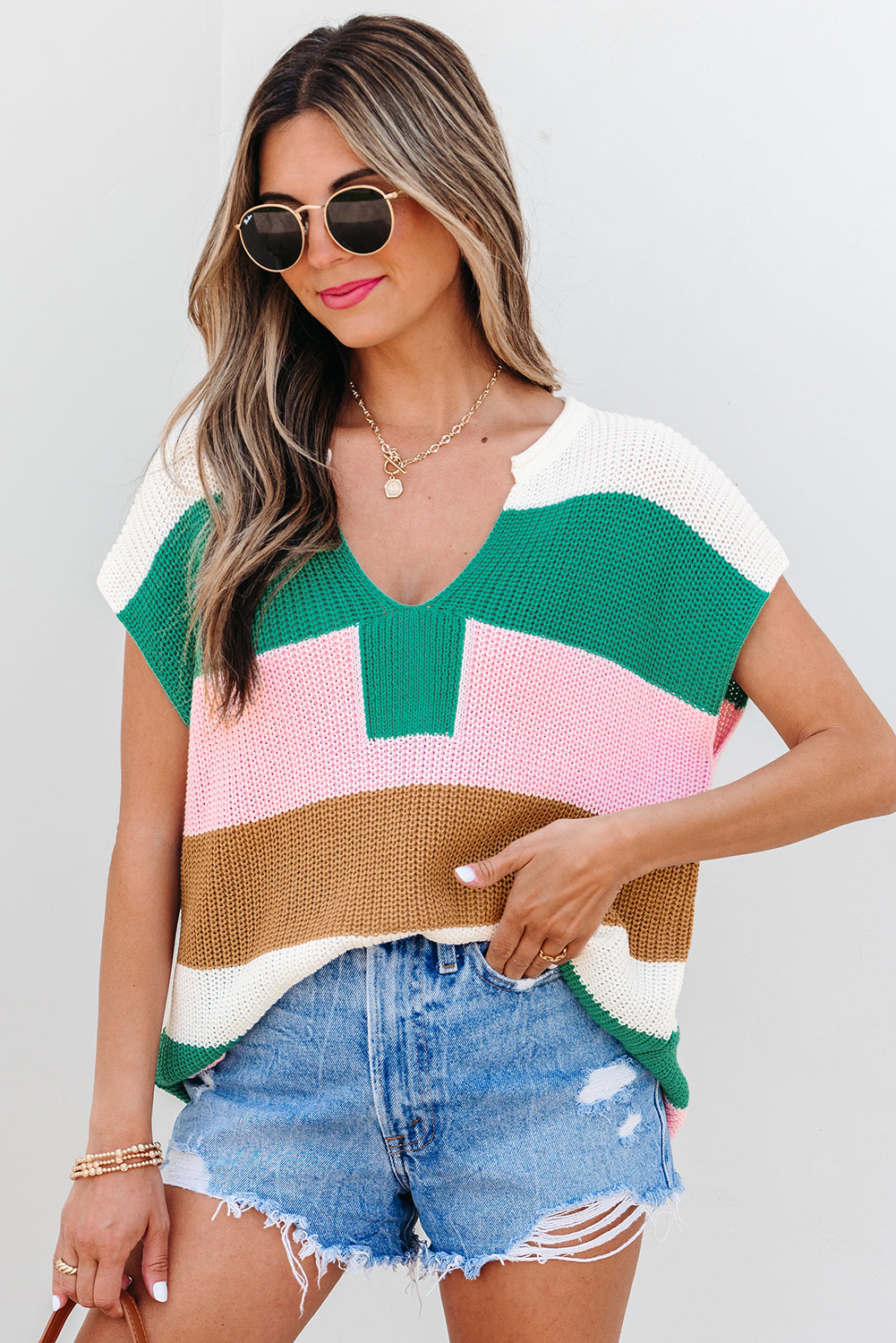 Elliot Color Block Notch V Neck Sweater Top