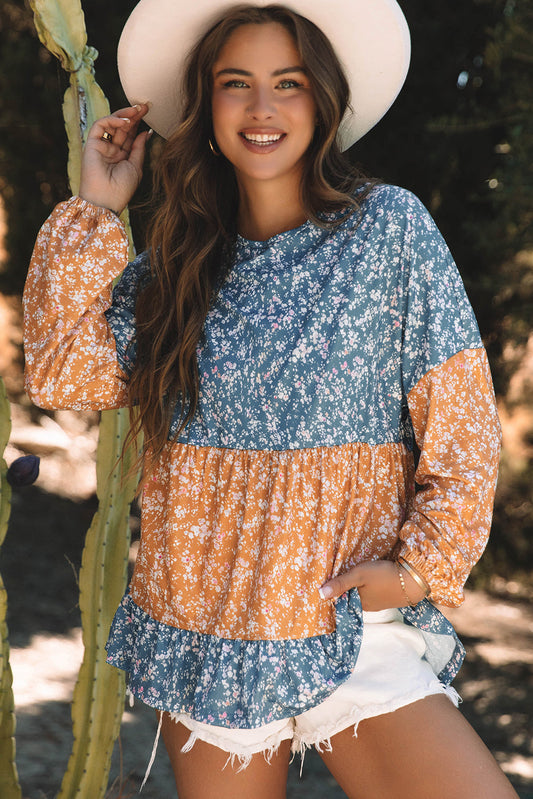 Cecilia Floral Ruffled Hem Round Neck Blouse Threaded Pear