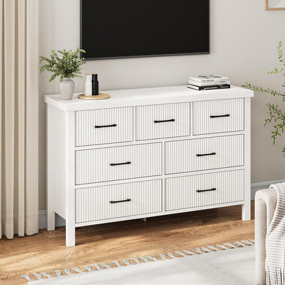White Dresser 7 Drawer Dresser for Bedroom, Modern Fluted Dresser with Solid Wood Legs, Long Double Wooden Dresser Large Chest of Drawers for Living Room, Entryway, Hallway (White Fluted) ShipItFurniture
