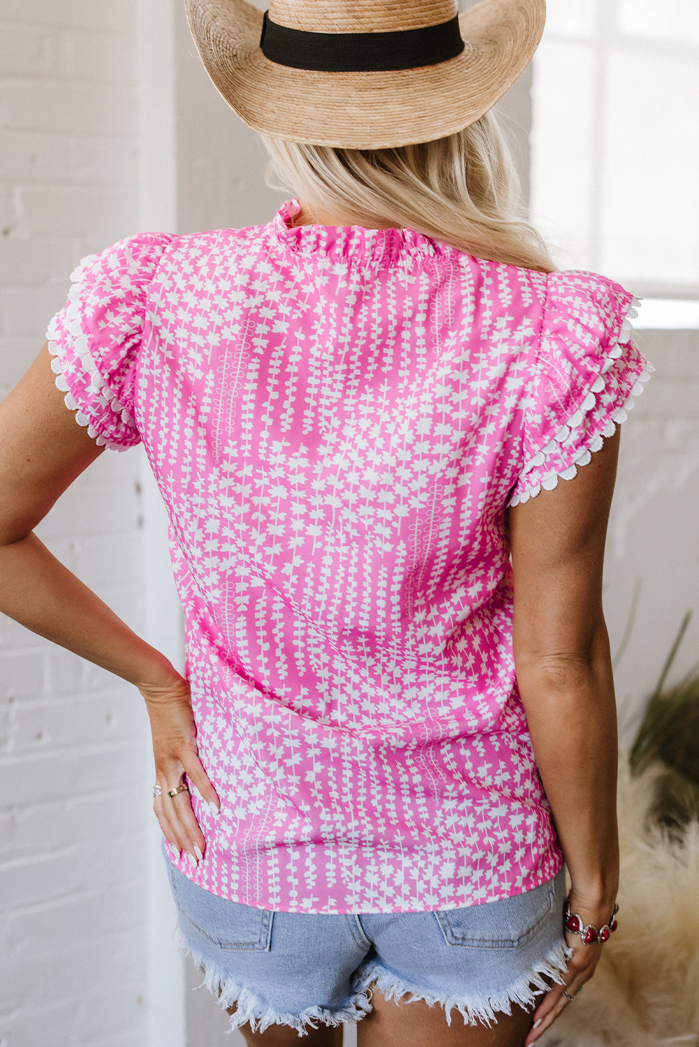 Cynthia Ric Rac Trim Flutter Sleeve Notch V Neck Blouse