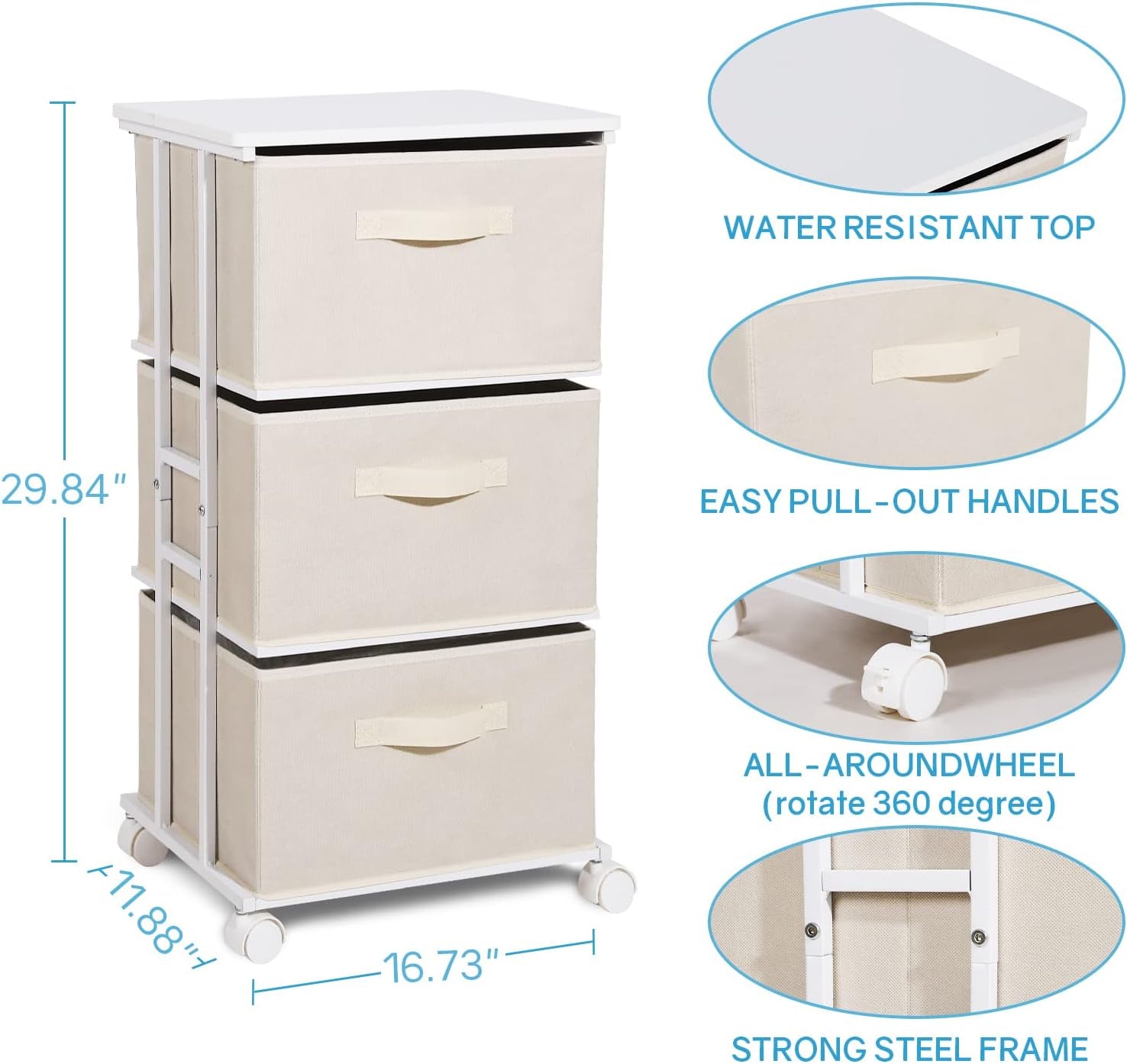 Dresser Tower with 3 Drawers,Fabric Dresser Drawer Organizer Unit,Dresser Chest with Wood Top,Vertical Storage Dresser,Small Dresser for Bedroom,Office-Beige ShipItFurniture