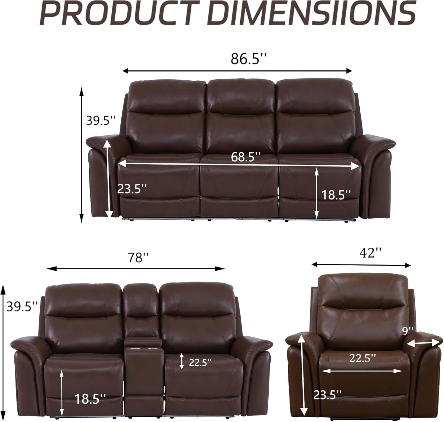 Power Recliner Sofa Set With LED Leather 3 Piece Brown Living Room ShipItFurniture