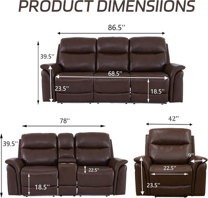 Power Recliner Sofa Set With LED Leather 3 Piece Brown Living Room ShipItFurniture