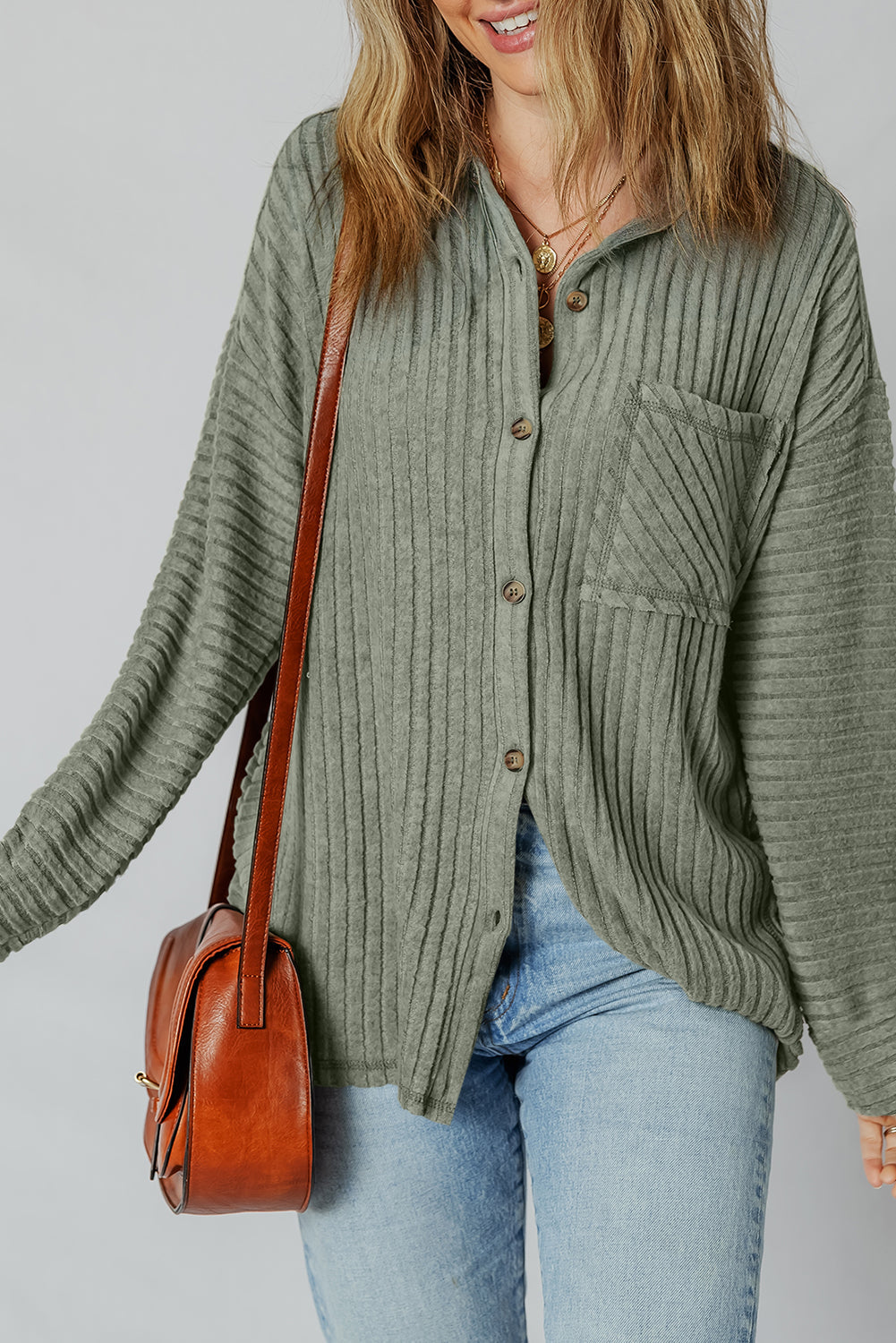 Lucia Ribbed Texture Button Up Shacket Threaded Pear