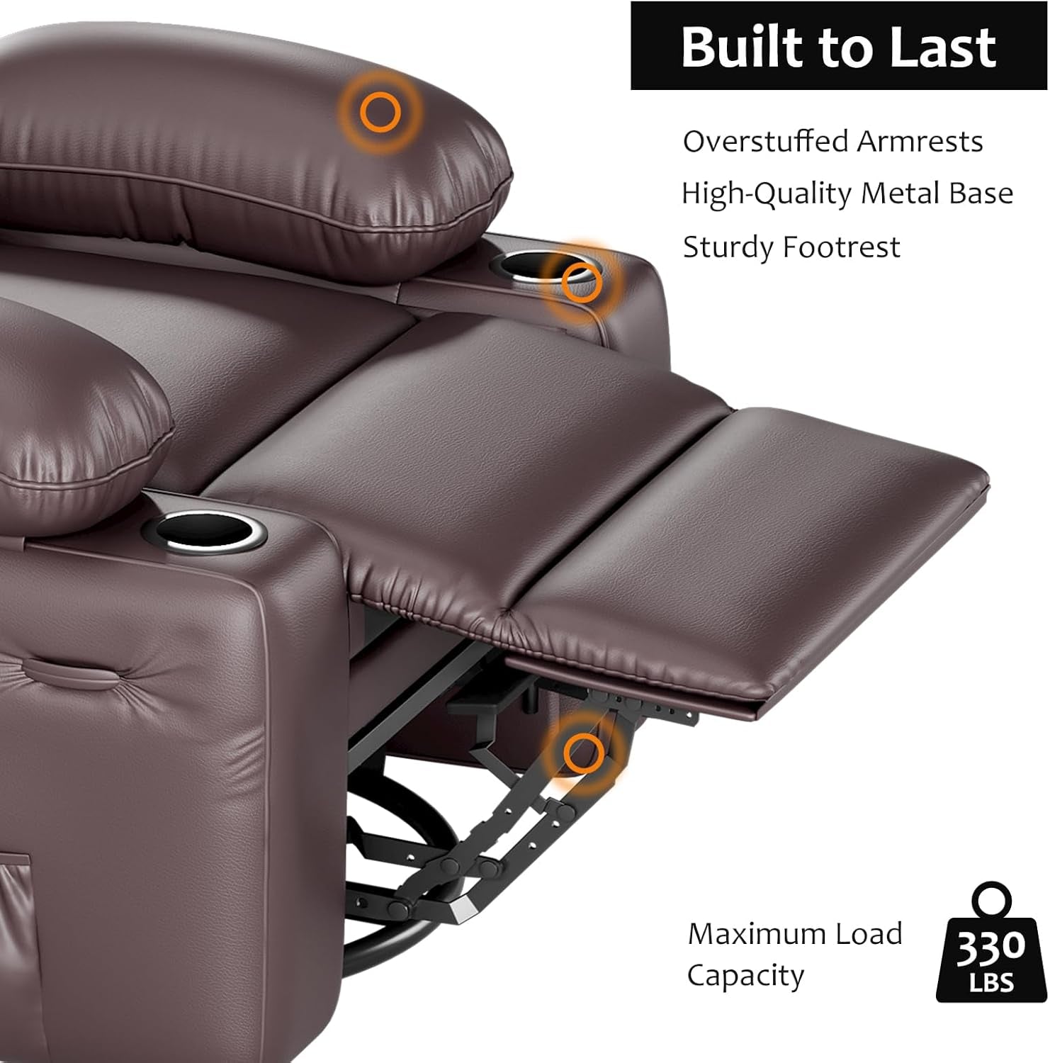 Leather Recliner Chair Brown Medium With Cup Holders And 150 Degree Recline ShipItFurniture