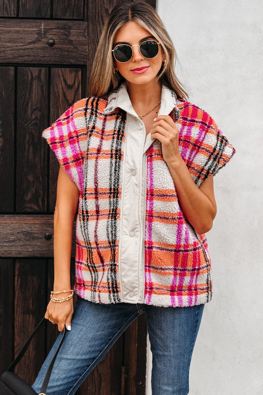 Molly Sherpa Plaid Jacket Vest Threaded Pear