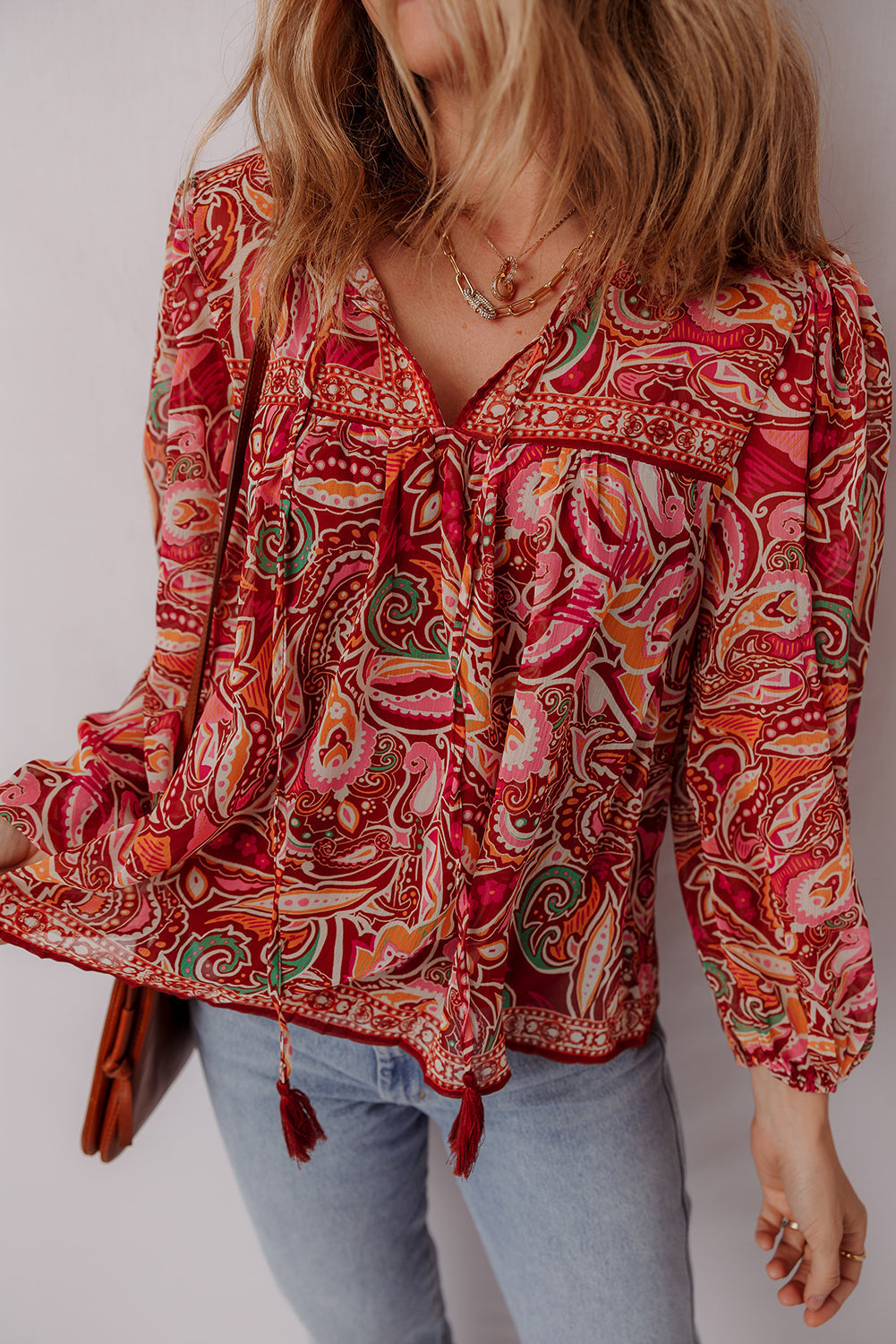 Quinn Paisley Tassel Tie Puff Sleeve Boho Blouse Threaded Pear