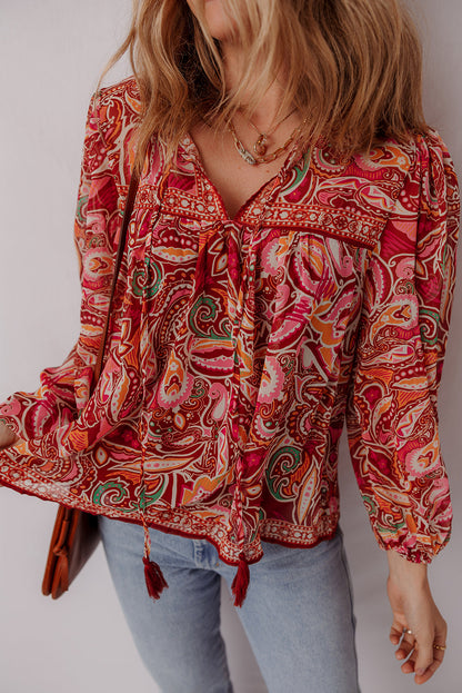 Quinn Paisley Tassel Tie Puff Sleeve Boho Blouse