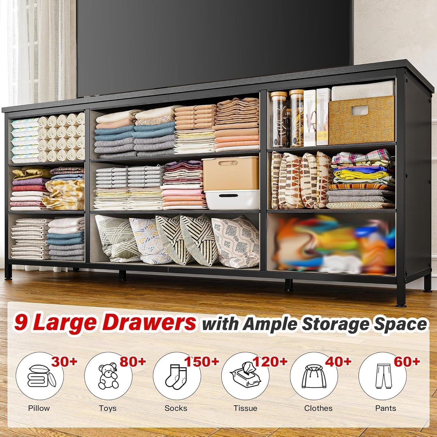 Dresser, Dresser for Bedroom with 9 Drawers, Wide Dresser TV Stand for 55” TV Stand for Bedroom Dresser Long Dressers & Chests of Drawers, Metal Frame&Wood Top, Closet, Hallway, Grey ShipItFurniture