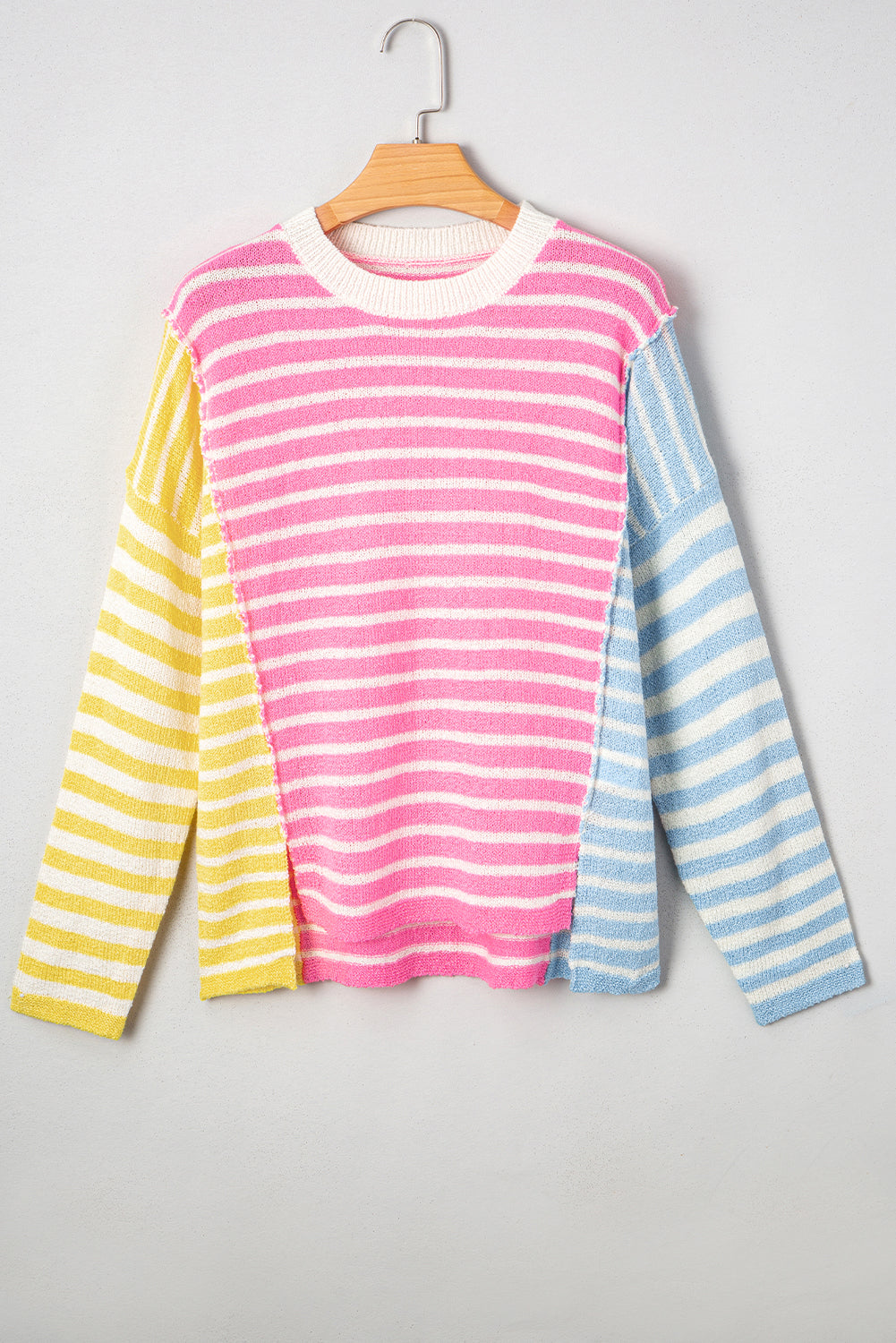 Esther Striped Patchwork Dolman Sleeve Slit Sweater Threaded Pear