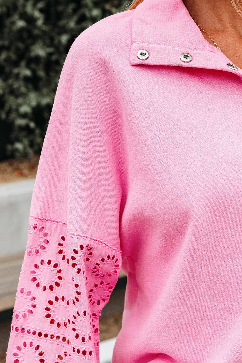 Evangeline Embroidered Flower Buttons Pullover Sweatshirt Threaded Pear