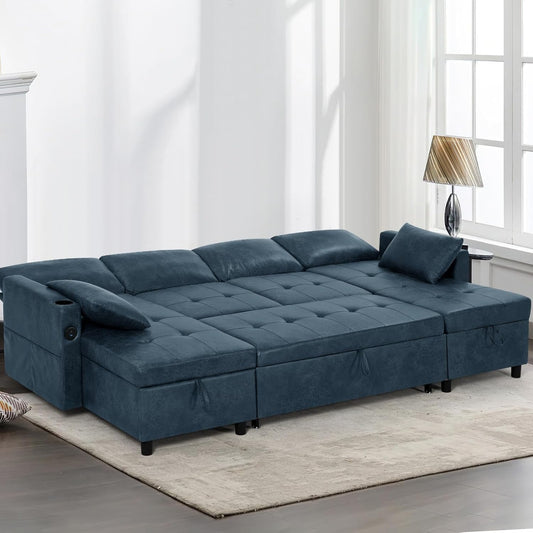 Blue Genuine Suede Leather 110Inch Sectional Sleeper ShipItFurniture