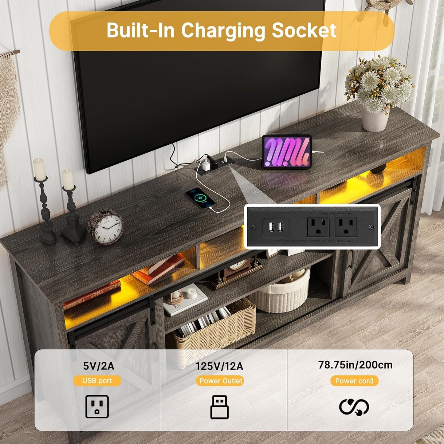 Wooden Farmhouse TV Stand 70 Inch With Double Storage