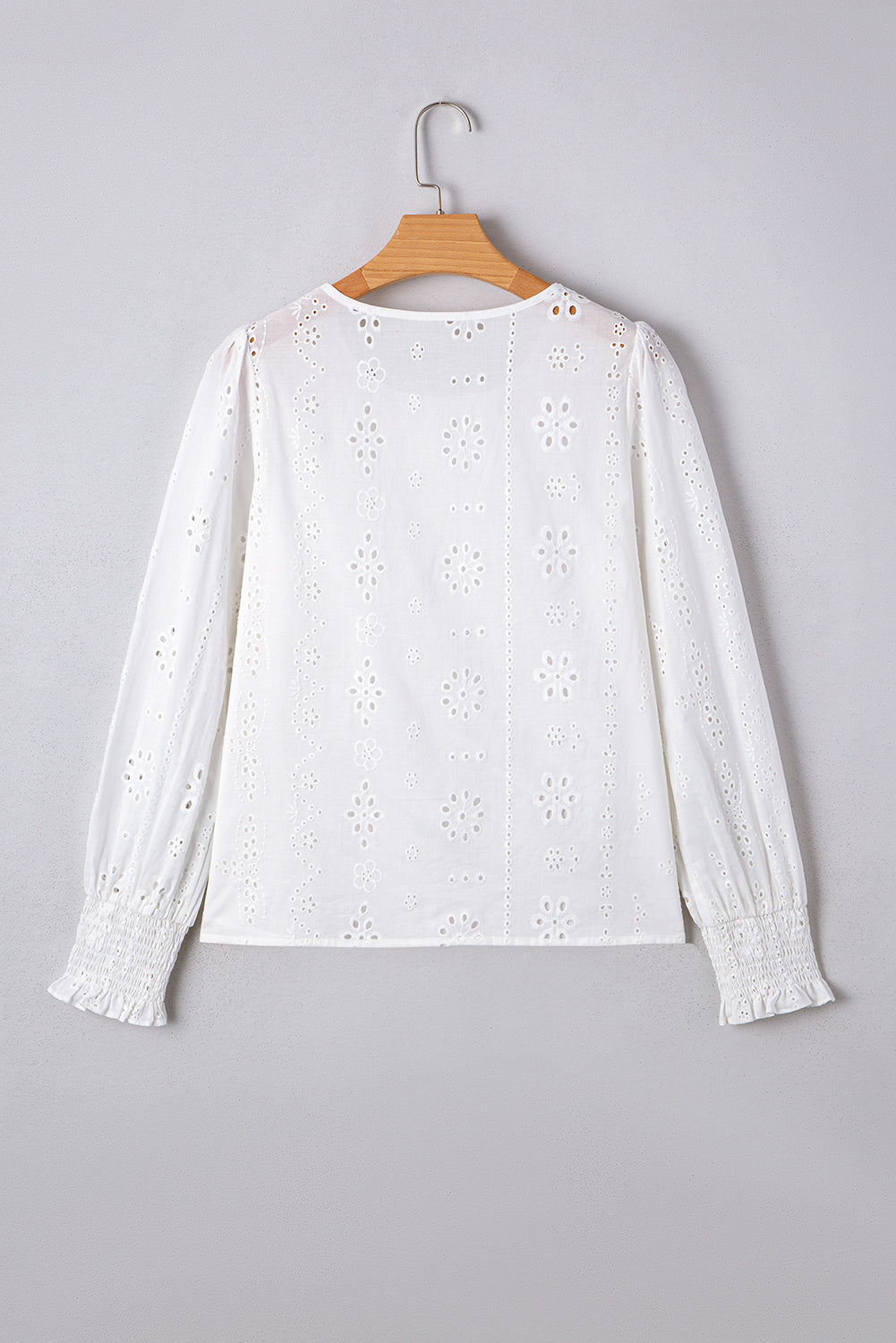 Allison Eyelet Embroidered Smocked Cuff Sheer Blouse Threaded Pear