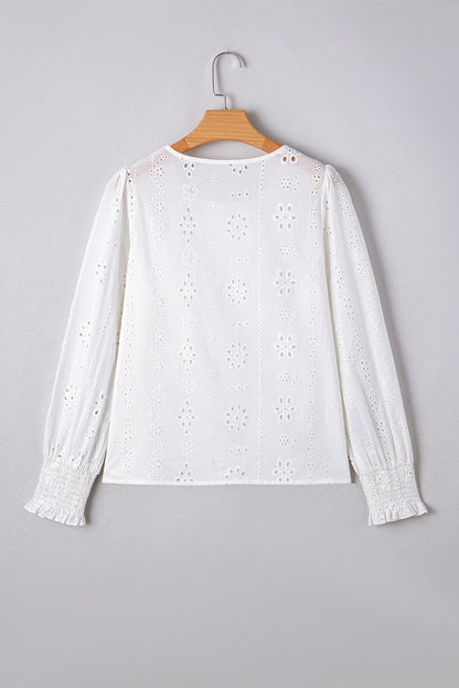 Allison Eyelet Embroidered Smocked Cuff Sheer Blouse