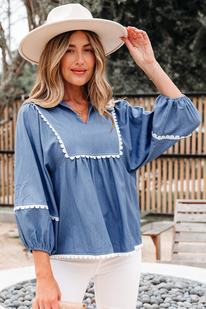 Nevaeh Lace Ric Rac 3/4 Puff Sleeve Collared Babydoll Blouse