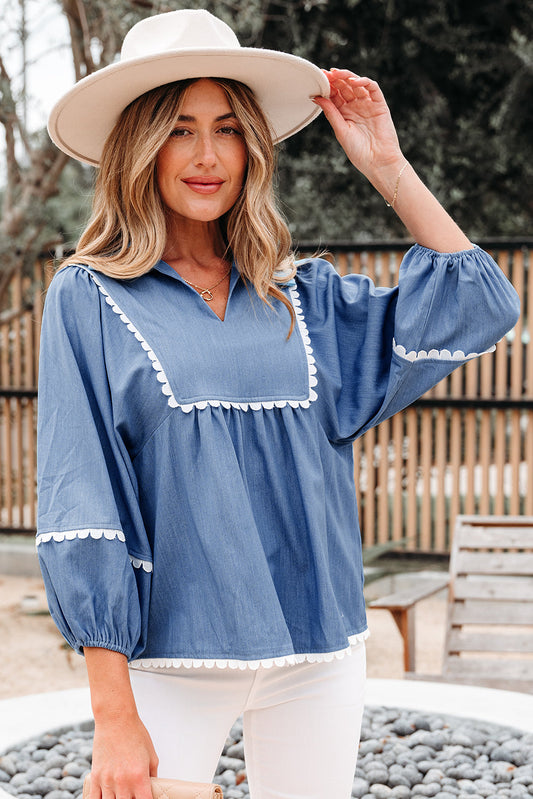 Nevaeh Lace Ric Rac 3/4 Puff Sleeve Collared Babydoll Blouse Threaded Pear