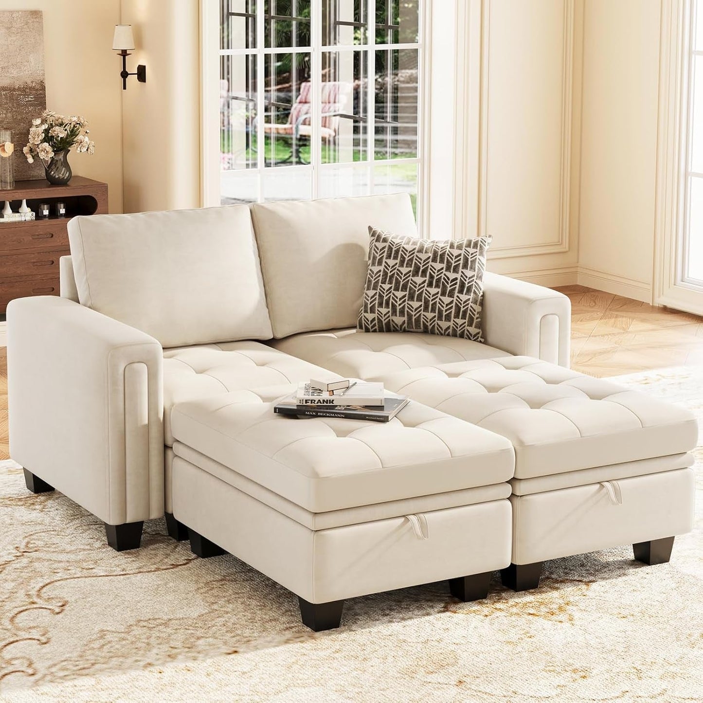 Beige Velvet Modular Sectional Sofa With Storage Sleeper ShipItFurniture