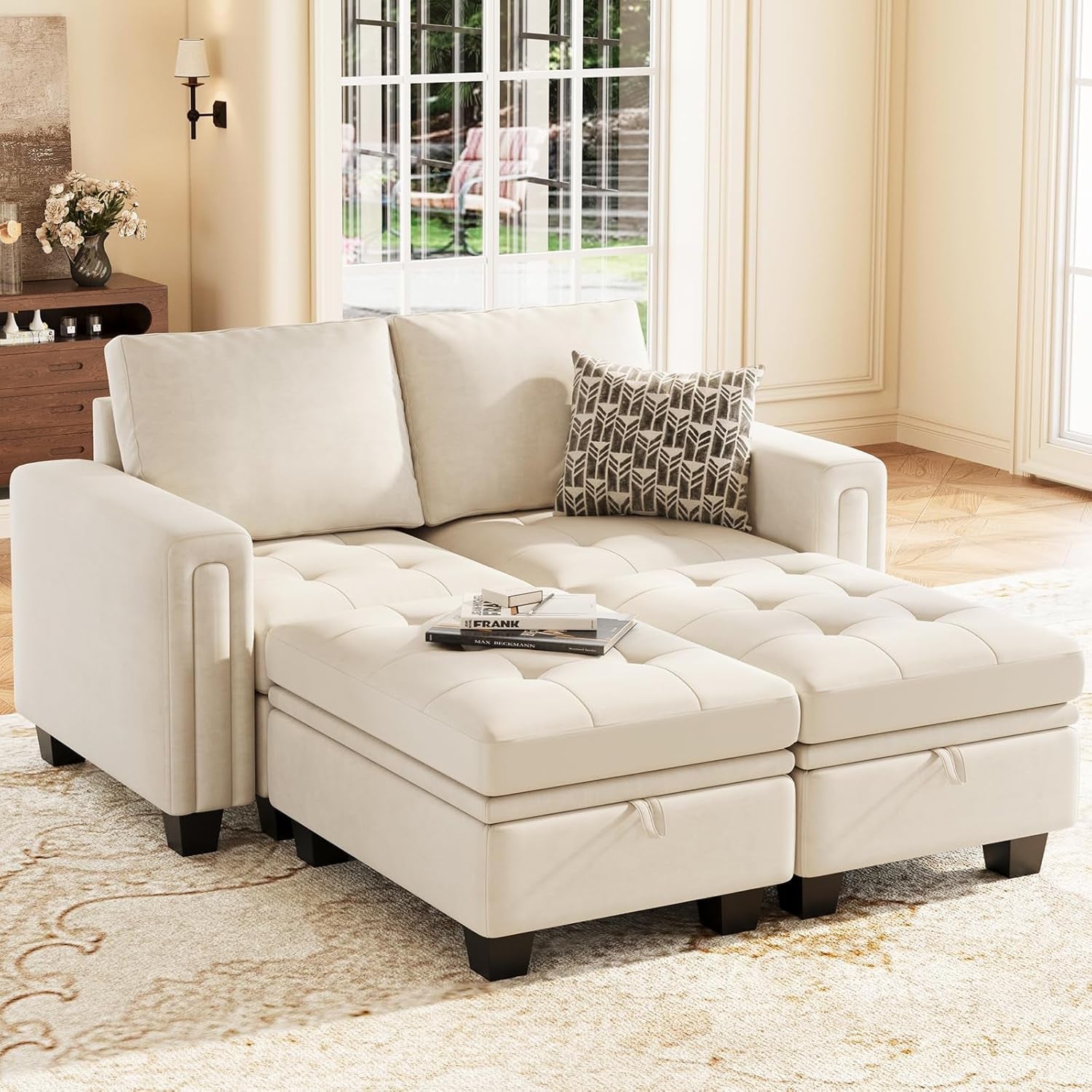Beige Velvet Modular Sectional Sofa With Storage Sleeper ShipItFurniture