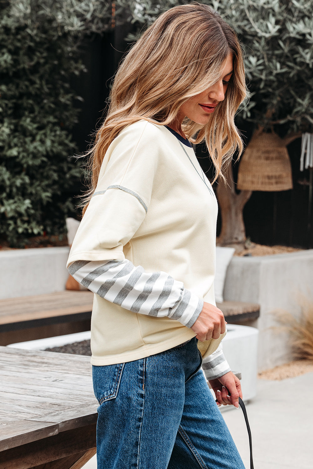 Ashley Striped Long Sleeve Two-in-one Top Threaded Pear